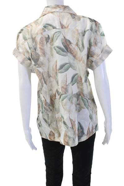 Something Navy Womens Floral Short Sleeve Button-Up Beige Ramie Size S