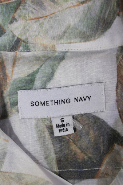 Something Navy Womens Floral Short Sleeve Button-Up Beige Ramie Size S