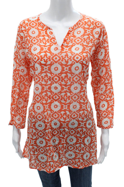 Oliphant Womens Boho Geometric V-Neck Tunic Blouse Orange Cotton Size L