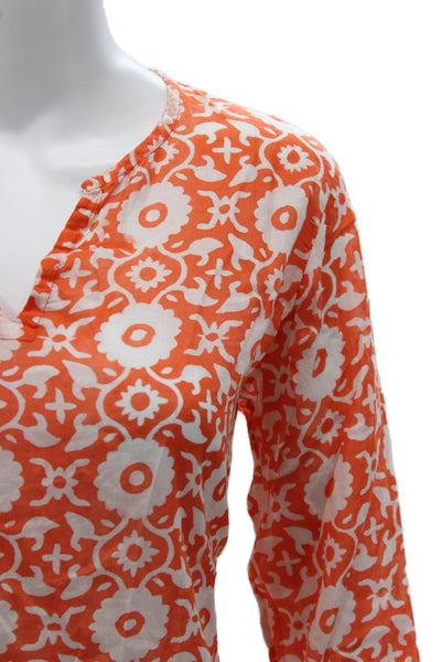 Oliphant Womens Boho Geometric V-Neck Tunic Blouse Orange Cotton Size L