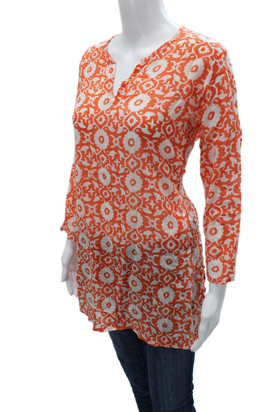 Oliphant Womens Boho Geometric V-Neck Tunic Blouse Orange Cotton Size L