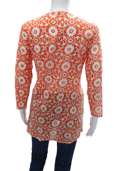 Oliphant Womens Boho Geometric V-Neck Tunic Blouse Orange Cotton Size L