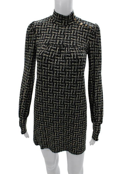 Juicy Couture Women Black Silk Shift Dress High Neck Long Sleeve Size PP