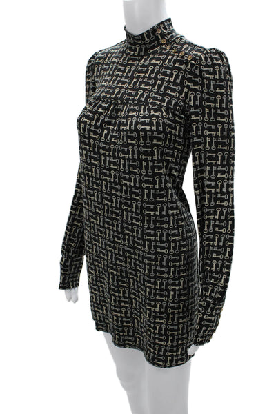 Juicy Couture Women Black Silk Shift Dress High Neck Long Sleeve Size PP