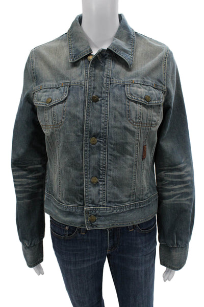 7 For All Mankind Women Blue Cotton Collared 90s Jacket Long Sleeve Size L