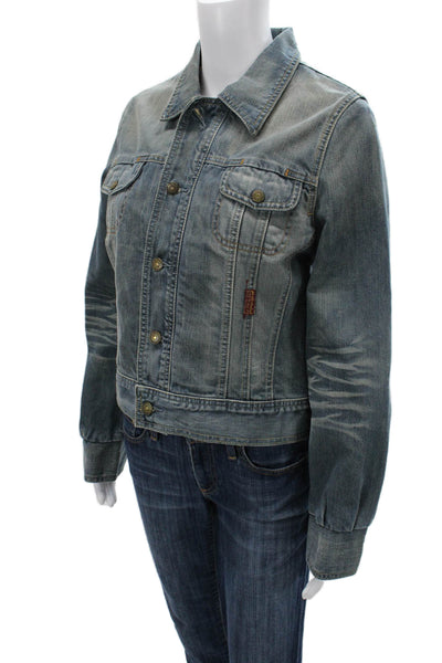 7 For All Mankind Women Blue Cotton Collared 90s Jacket Long Sleeve Size L