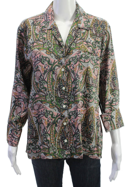 Icons Womens Boho Paisley Collared Button Up Blouse Green 3/4 Sleeve Size XS