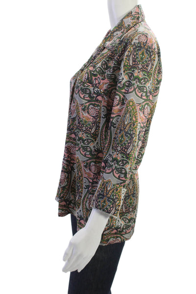 Icons Womens Boho Paisley Collared Button Up Blouse Green 3/4 Sleeve Size XS