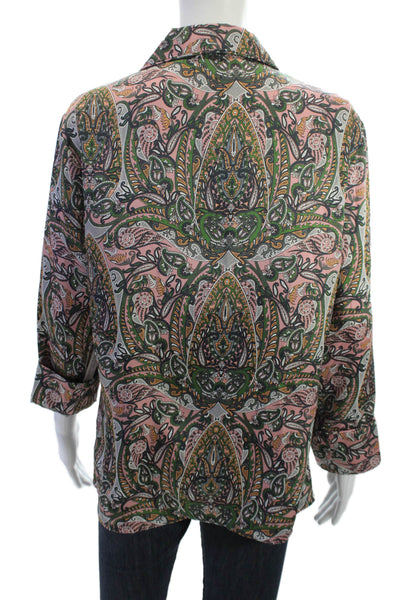 Icons Womens Boho Paisley Collared Button Up Blouse Green 3/4 Sleeve Size XS