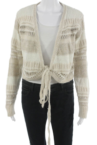 Zara Womens Beige Striped V Neck Bohemian Cardigan Long Sleeve Size S