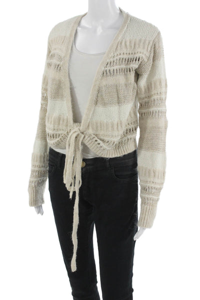 Zara Womens Beige Striped V Neck Bohemian Cardigan Long Sleeve Size S