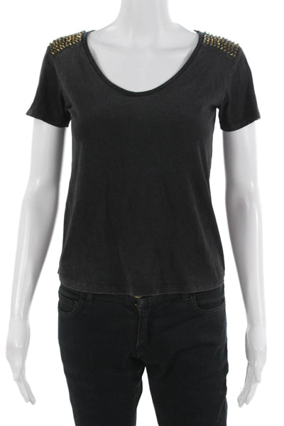 Karen Millen Women Black Cotton Short Sleeve Tee Biker Size 2