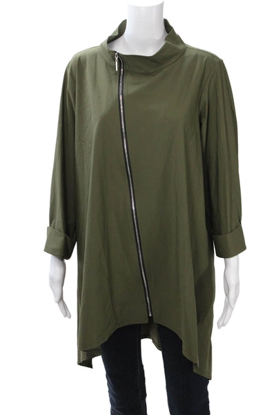Jason Womens Army Green Mock Neck Zip Solid Nylon Spandex Jacket Size 1X