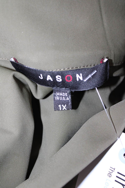 Jason Womens Army Green Mock Neck Zip Solid Nylon Spandex Jacket Size 1X