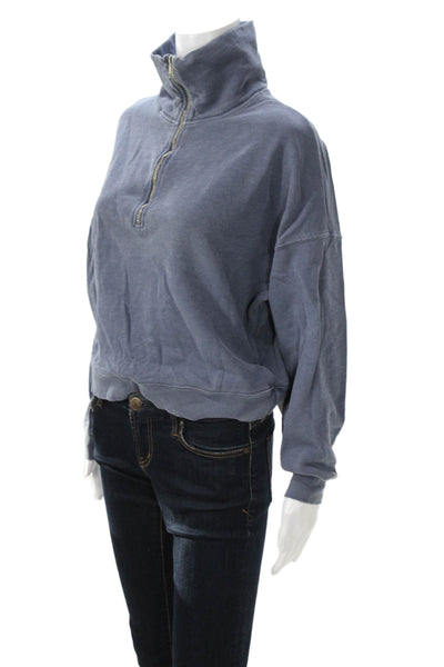 Amo Women Henley Sweatshirts Blue High Neck Zip Long Sleeve Cotton Size XS