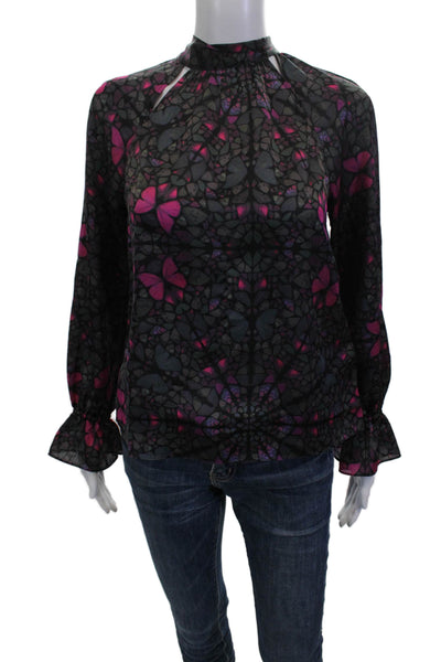 Ted Baker London Women Black Floral High Neck Tie Long Sleeve Blouse Size 0