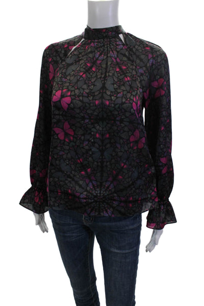 Ted Baker London Women Black Floral High Neck Tie Long Sleeve Blouse Size 0