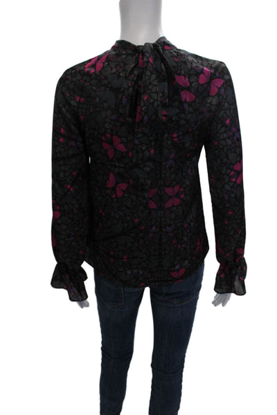 Ted Baker London Women Black Floral High Neck Tie Long Sleeve Blouse Size 0