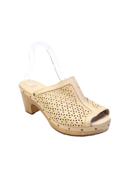 Ugg Womens Block Heel Platform Laser Cut Slide Sandals Brown Leather Size 9