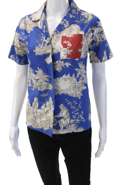 Muze Womens Collared Graphic Cotton Button Up Top Blue Short Sleeve Size M