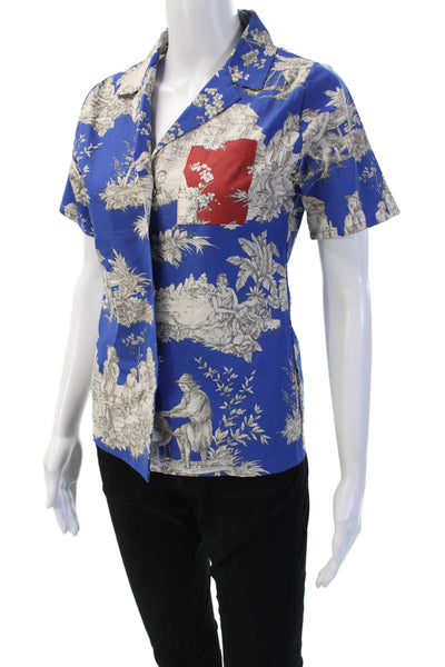 Muze Womens Collared Graphic Cotton Button Up Top Blue Short Sleeve Size M