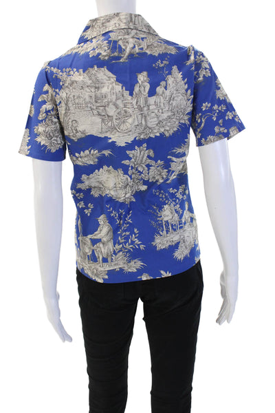 Muze Womens Collared Graphic Cotton Button Up Top Blue Short Sleeve Size M