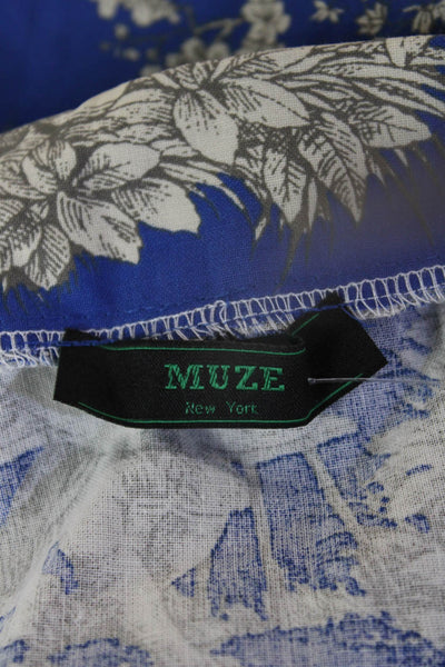 Muze Womens Collared Graphic Cotton Button Up Top Blue Short Sleeve Size M