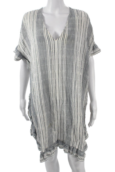 BCBGMAXAZRIA Women Kaftan Dress White Striped V-Neck Short Sleeve Size XS