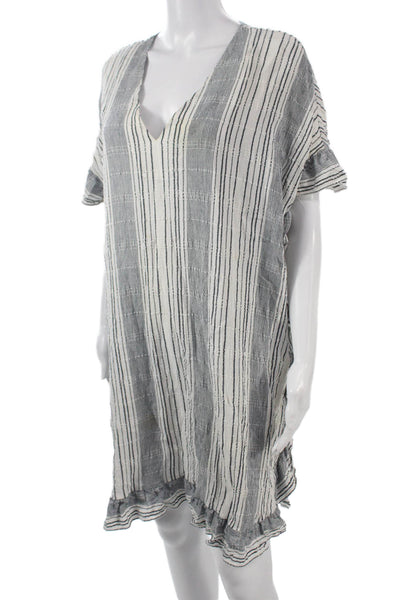 BCBGMAXAZRIA Women Kaftan Dress White Striped V-Neck Short Sleeve Size XS