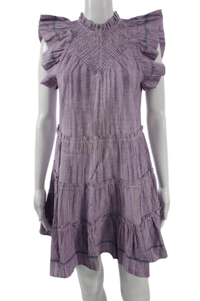 Saylor Women A-Line Mini Dress Purple Striped High Neck Cotton Size XS