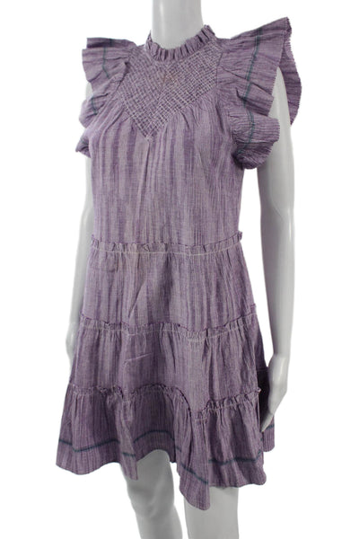 Saylor Women A-Line Mini Dress Purple Striped High Neck Cotton Size XS