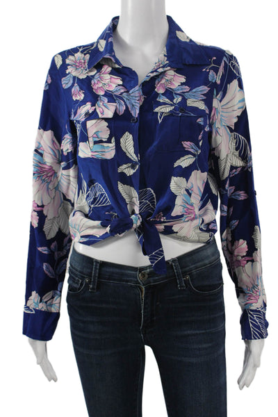 Yumi Kim Womens Cropped Silk Floral Blouse Long Sleeve Blue Size S