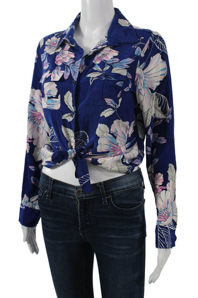 Yumi Kim Womens Cropped Silk Floral Blouse Long Sleeve Blue Size S