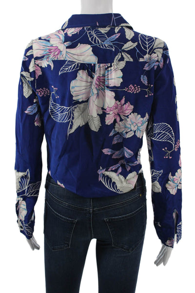 Yumi Kim Womens Cropped Silk Floral Blouse Long Sleeve Blue Size S