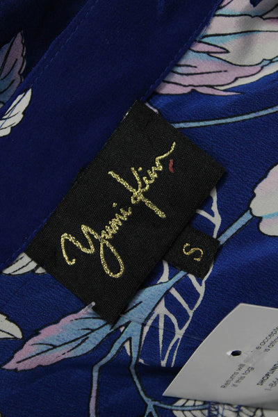 Yumi Kim Womens Cropped Silk Floral Blouse Long Sleeve Blue Size S