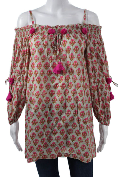 Figue Womens Tunic Beige Floral 100% Cotton Long Sleeve Drawstring Size XS
