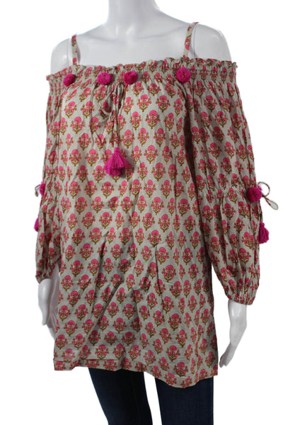 Figue Womens Tunic Beige Floral 100% Cotton Long Sleeve Drawstring Size XS