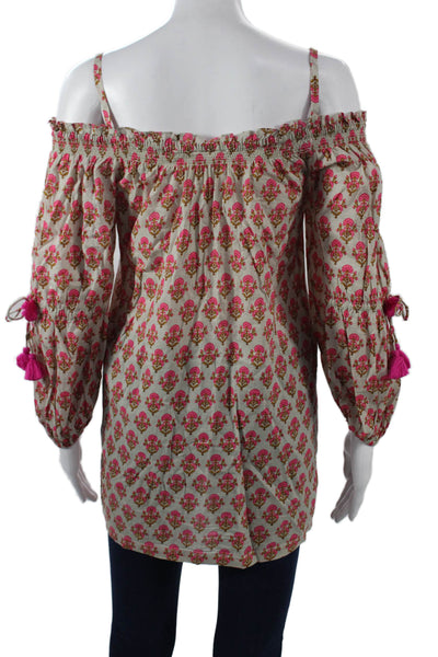 Figue Womens Tunic Beige Floral 100% Cotton Long Sleeve Drawstring Size XS