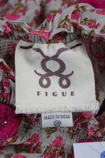 Figue Womens Tunic Beige Floral 100% Cotton Long Sleeve Drawstring Size XS