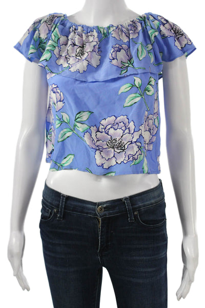 Yumi Kim Womens Cropped Sleeveless Floral Silk Blouse Blue Size S