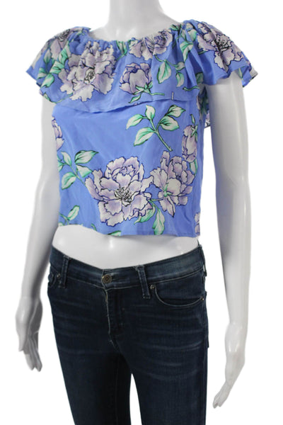 Yumi Kim Womens Cropped Sleeveless Floral Silk Blouse Blue Size S