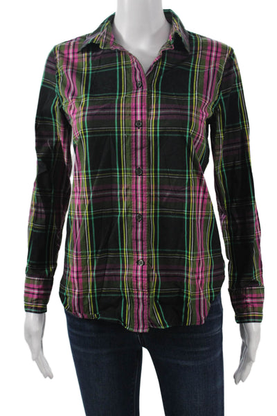 J Crew Women Black Plaid Collared Button-Up Rayon Blouse Long Sleeve Size 2