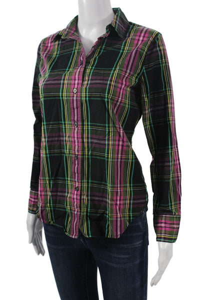 J Crew Women Black Plaid Collared Button-Up Rayon Blouse Long Sleeve Size 2