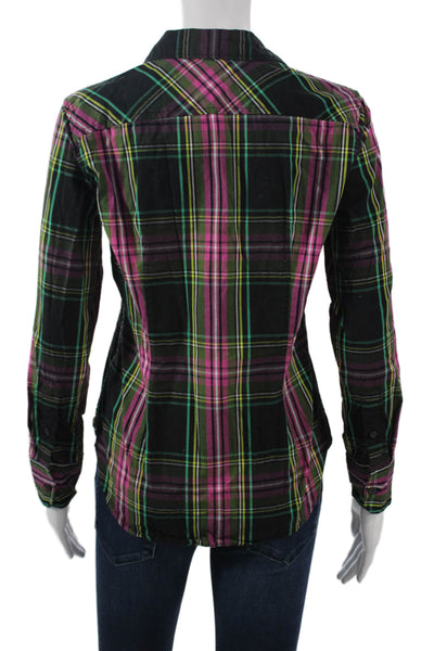 J Crew Women Black Plaid Collared Button-Up Rayon Blouse Long Sleeve Size 2