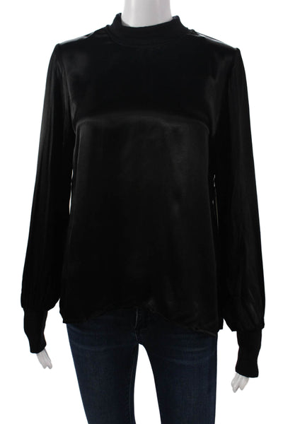 Nation LTD Women Black Mock Neck Long Sleeve Button Solid Rayon Blouse Size S