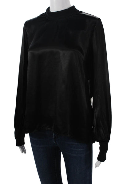 Nation LTD Women Black Mock Neck Long Sleeve Button Solid Rayon Blouse Size S