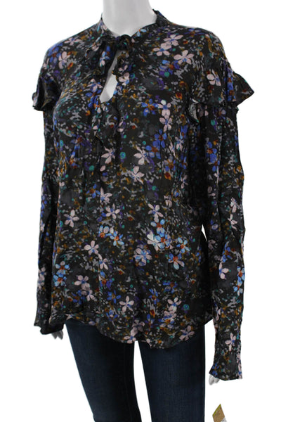 Rachel Rachel Roy Women Black Floral Tie Long Sleeve Viscose Blouse Size 14