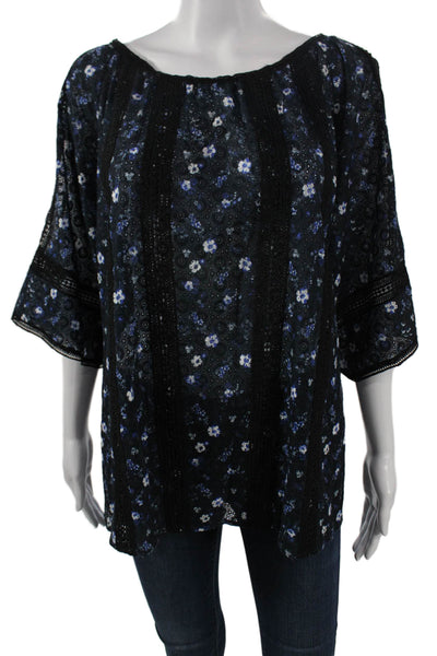 T Tahari Womens Bohemian Floral Tunic Black 3/4 Sleeve Round Neck Size M