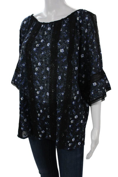 T Tahari Womens Bohemian Floral Tunic Black 3/4 Sleeve Round Neck Size M