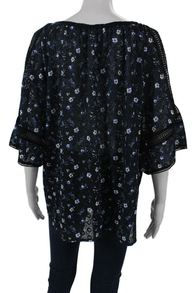 T Tahari Womens Bohemian Floral Tunic Black 3/4 Sleeve Round Neck Size M